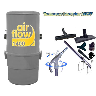 Aspirateur central AIRFLOW 1400 (jusqu’à 180 m²) Garantie 5 ans + trousse inter 9 ML + 8 accessoires + 1 Aspi-plumeau offert