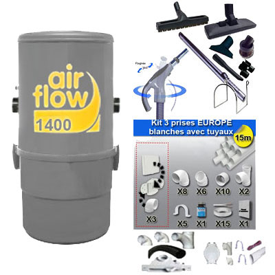 Aspirateur central AIRFLOW 1400 Garantie 5 ans (jusqu’à 180 m²) + trousse inter 9 ML + 8 accessoires + kit 3 prises + kit prise balai + kit prise garage