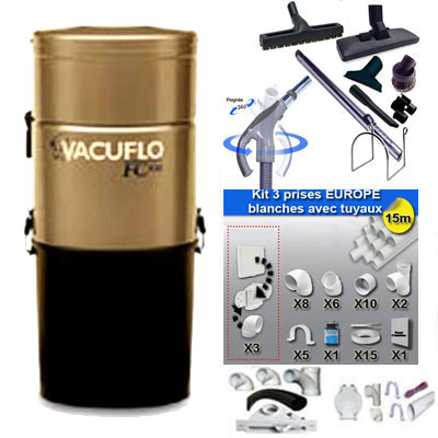 ASPIRATEUR CENTRAL UNITÉ MOTRICE VACUFLO FC 310 (jusqu’à 150 M²) GARANTIE 2 ans + trousse inter 9 ML + 8 accessoires + kit 3 prises + kit prise balai + kit prise garage
