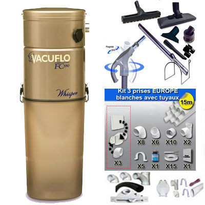 ASPIRATEUR CENTRAL UNITÉ MOTRICE VACUFLO FC 570 (jusqu’à 350 M²) GARANTIE 2 ans + set inter 9 M + 8 accessoires + kit 3 prises + kit prise balai
