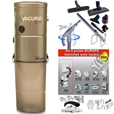 ASPIRATEUR CENTRAL UNITÉ MOTRICE VACUFLO FC1550 (jusqu’à 500 M²) GARANTIE 2 ans + set inter 9 M + 8 accessoires + kit 4 prises + kit prise balai