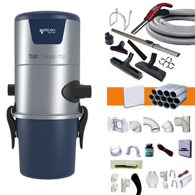 Aspiration centralisée AERTECNICA TS1 (jusqu’à 250 m²), Sans Sac - GARANTIE 3 ANS - 1 trousse flexible 9m à variateur + 8 access. + kit 3 prises + kit prise balai + kit prise garage