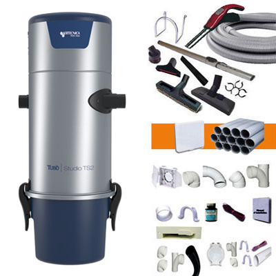 Aspiration centralisée AERTECNICA TS2 (jusqu’à 400 m²), Sans Sac - GARANTIE 3 ANS - Avec 1 trousse flexible à variateur 9m + 8 accessoires + kit 3 prises + kit prise balai + kit prise garage