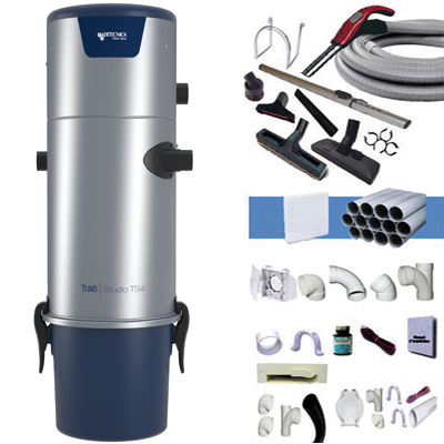 Aspiration centralisée AERTECNICA TS4 (jusqu’à 700 m²), Sans Sac - GARANTIE 3 ANS  - Avec 1 trousse flexible à variateur 9m + 8 accessoires + kit 4 prises + kit prise balai + kit prise garage