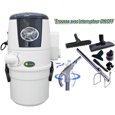 Aspiration Centralisée CVTECH WINNY COMPACT MINI 1.6kW + flexible on/off + 8 accessoires + aspi-plumeau offert -  Garantie 4 ans - Logement jusqu'à 150 m2
