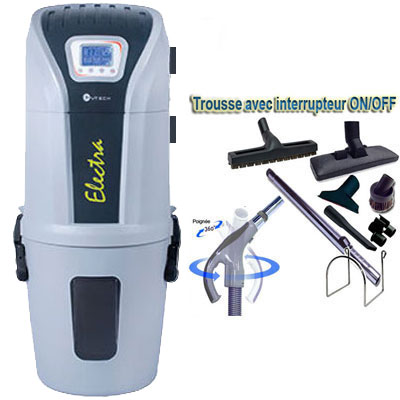 Aspiration centralisée SACH CVTech VAC Electra 2.4kW garantie 4 ans (jusqu'à 500 M²) + Set inter 9 M + 8 accessoires + 1 Aspi-plumeau offert