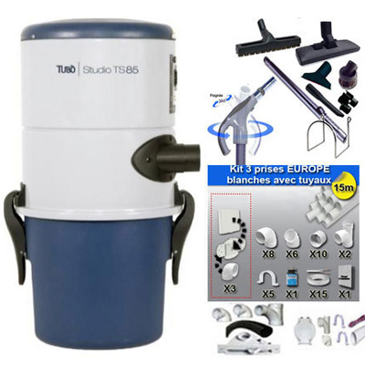 Aspirateur central Aertecnica TS85 garantie 3 ans (jusqu’à 150 m²) + trousse inter 9 ML + 8 accessoires + kit 3 prises + kit prise balai + kit prise garage