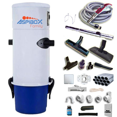 Aspirateur central hybride Aspibox Family avec kit flexible 9m à variateur de vitesse, 8 access. Kit 3 prises, kit ramasse-miettes, kit prise garage - Jusqu'à 250m2 - Garantie 3 ans