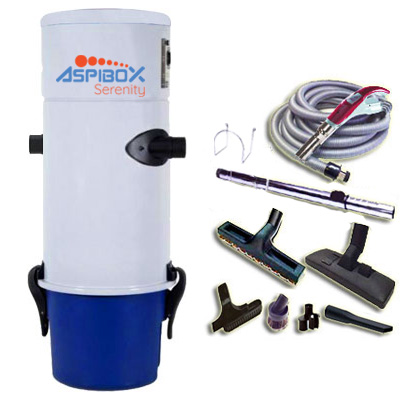 Aspirateur central hybride Aspibox Serenity avec kit flexible de 9m à variateur de vitesse et 8 accessoires + aspi-plumeau - Jusqu'à 350m2 - Garantie 3 ans