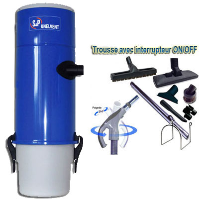 Aspiration centralisée SAPHIR 250 GARANTIE 2 ANS (jusqu’à 250 m²), filtration par sac de 30 litres, UNELVENT 620137 + set inter 9 ML + 8 accessoires + 1 Aspi-plumeau offert