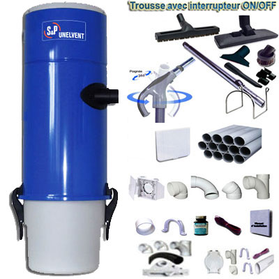 Aspiration centralisée SAPHIR 250 GARANTIE 2 ANS (jusqu’à 250 m²), filtration par sac de 30 litres, UNELVENT 620137 + set inter 9 ML + 8 accessoires + kit 3 prises + kit prise balai + kit prise garage