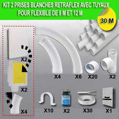 Kit 2 prises RETRAFLEX blanches nouvelle génération, 20% plus petit que le premier modèle!avec 30m de tuyaux pour flexible de 9m et 12m