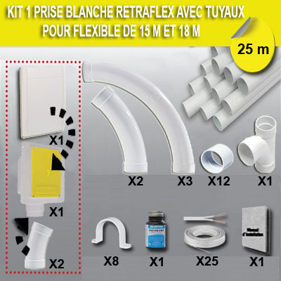 Kit 1 prise RETRAFLEX blanche nouvelle génération, 20% plus petit que le premier modèle! avec 25m de tuyaux pvc (pour flexibles de 15m et 18m non fournis)