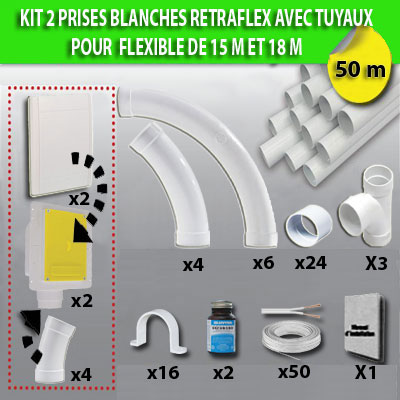 Kit 2 prises RETRAFLEX blanches nouvelle génération, 20% plus petit que le premier modèle! avec 50m de tuyaux pour flexible de 15m et 18m