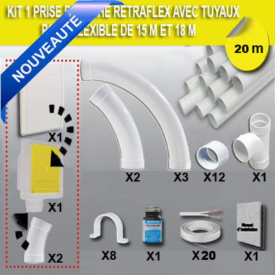 Kit 1 prise RETRAFLEX blanche nouvelle génération, 20% plus petit que le premier modèle! avec 20 m de tuyaux pvc (pour flexibles de 12 m et 16 m non fournis)