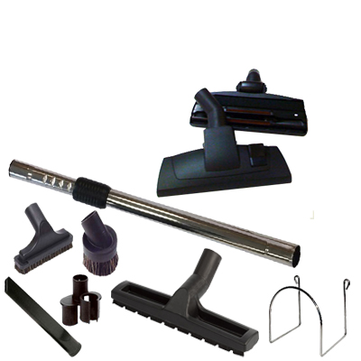 Kit 8 accessoires pour kit flexible ALDES (1 Support mural, 1 Brosse clip and schine, 1 Brosse sol dur 300 mm, 1 Canne télescopique Chromé premium + 1 sac de 4 accessoires)