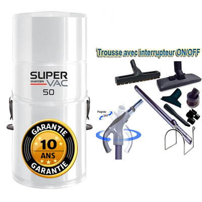 Aspirateur central à sac HAYDEN SuperVac 50 (jusqu’à 250 m²) - GARANTIE 10 ANS - Kit flexible 9m + 8 accessoires et 1 aspi-plumeau offert
