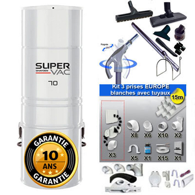 Aspirateur central hybride HAYDEN SuperVac 70 (jusqu’à 350 m²) - GARANTIE 10 ANS + kit flexible 9m + 8 accessoires + kit 3 prises + kit prise balai + kit prise garage