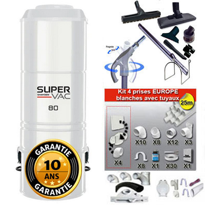 Aspirateur central hybride HAYDEN SuperVac 80 (jusqu’à 500 m²) - GARANTIE 10 ANS + Kit flexible 9m et 8 accessoires + kit 4 prises + kit prise balai + kit prise garage