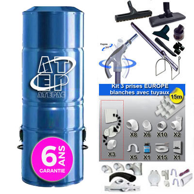 Aspiration centralisée hybride ATEPAC 70 GARANTIE 6 ANS (jusqu’à 350 m²) + trousse inter 9 ML + 8 accessoires + kit 3 prises + kit prise balai + kit prise garage