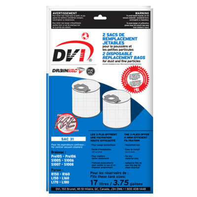 2 sacs 17L pour centrales d'aspiration Drainvac Pro105, Pro106, S1005, S1006, S1007, S1008, S1005 fabriqués entre octobre 2011 et janvier 2014, ainsi que depuis novembre 2014, Drainvac SAC-31