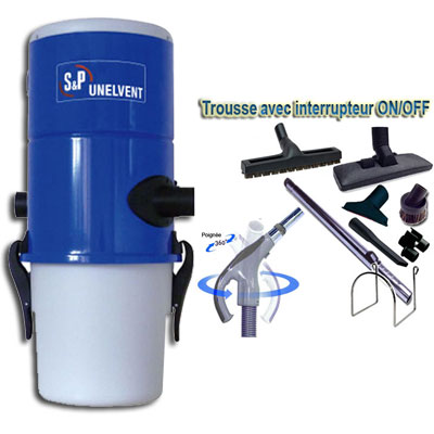 Aspiration centralisée SAPHIR 250N GARANTIE 2 ANS (jusqu’à 250 m²), UNELVENT 620335 - Kit flexible interrupteur 9m et 8 accessoires + 1 aspi-plumeau offert - Surface jusqu'à 250m2