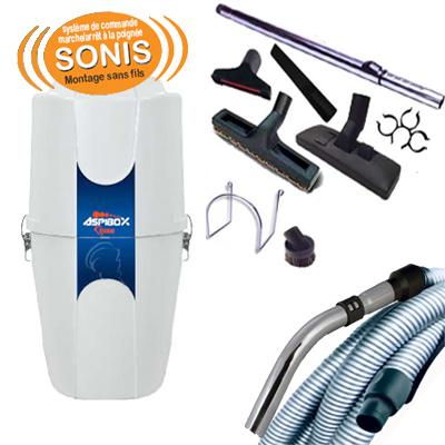 PACK PRET A MONTER 200 m2 SANS FIL (TYPE ALDES) ASPIBOX 1400F GARANTIE 5 ANS + Flexible de 9 m Sonis, systéme de commande sans fils marche/arrêt à la poignée + 8 accessoires