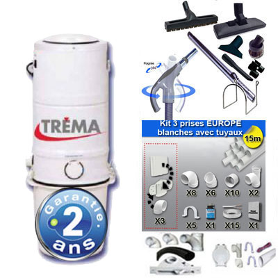 Aspiration centralisée TRÉMA TE 495 (jusqu'à 300 m²) GARANTIE 2 ANS + trousse inter 9 ML + 8 accessoires + kit 4 prises + kit prise balai + set cuisine extensible + kit prise garage