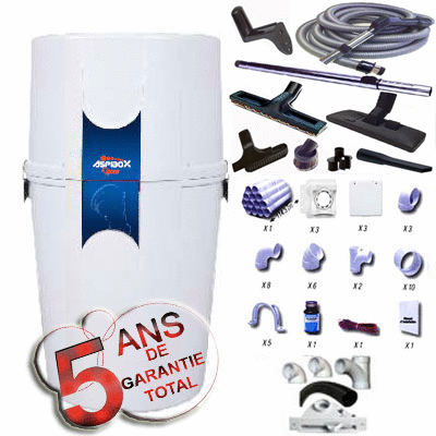 Aspirateur central ASPIBOX 2500F GARANTIE 5 ANS (jusqu’à 350 m²)+ trousse inter 9 ML + 8 accessoires + kit 4 prises + kit prise balai + kit prise garage + flexible garage 8 ML + brumisateur