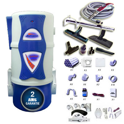 Aspirateur central hybride ASPIBOX Junior à variateur de vitesse GARANTIE 2 ANS (jusqu’à 180 m²) + trousse à variateur 9 M + 8 accessoires + kit 3 prises + kit prise balai + kit prise garage