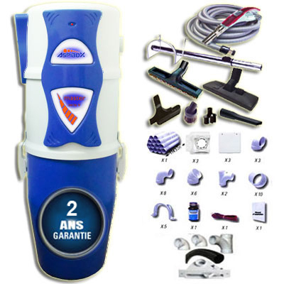 Aspirateur central hybride ASPIBOX Master à variateur de vitesse GARANTIE 2 ANS (jusqu’à 250 m²) + trousse à variateur 9 M + 8 access. + kit 3 prises + kit prise balai + kit prise garage