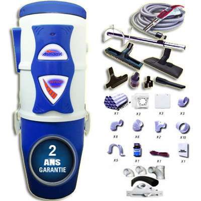 Aspirateur central hybride ASPIBOX Senior à variateur de vitesse GARANTIE 2 ANS (jusqu’à 350 m²) + trousse à variateur 9 M + 8 accessoires + kit 4 prises + kit prise balai + kit prise garage