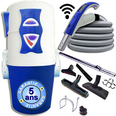 PACK PRET A MONTER 500 m2 SANS FIL (TYPE ALDES) central hybride ASPIBOX Dual GARANTIE 2 ANS + Flexible de 9 m systéme de commande sans fils marche/arrêt à la poignée + 8 accessoires