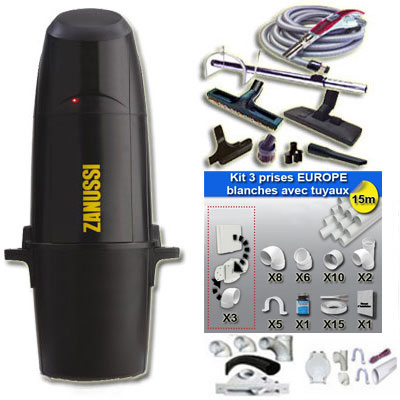 Aspirateur central hybride ZANUSSI Z20 à variateur de vitesse GARANTIE 5 ANS (jusqu’à 200 m²) + trousse à variateur 8 M + 8 accessoires + kit 3 prises + kit prise balai + kit prise garage
