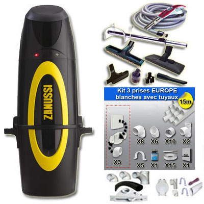 Aspirateur central hybride ZANUSSI Z30 à variateur de vitesse GARANTIE 5 ANS (jusqu’à 300 m²) + trousse à variateur 9 M + 8 accessoires + kit 3 prises + kit prise balai + kit prise garage