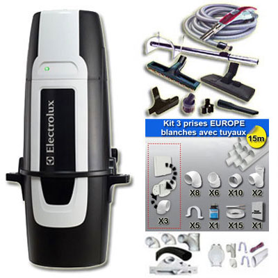 Aspiration centralisée hybrides ELECTROLUX BREEZE (ZCV845A) GARANTIE 5 ANS (jusqu'à 180 m²) Filtration Gore-Tex + trousse à variateur 8 M + 8 accessoires + kit 3 prises + kit prise balai + kit prise garage