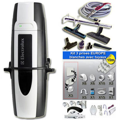 Aspiration centralisée hybrides ELECTROLUX WIND ELUX 910 (ZCV855A) GARANTIE 5 ANS (jusqu'à 220 m²) Filtration Gore-Tex + trousse à variateur 9M + 8 accessoires + kit 3 prises + kit prise balai + kit prise garage