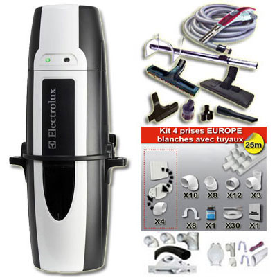 Aspiration centralisée hybrides ELECTROLUX STORM ELUX 920 (ZCV860A) GARANTIE 5 ANS (jusqu'à 300 m²) Filtration Gore-Tex + trousse à variateur 9M + 8 accessoires + kit 4 prises + kit prise balai + kit prise garage