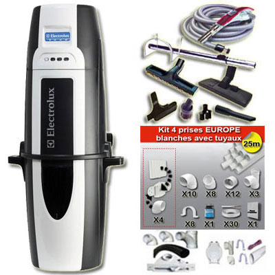 Aspiration centralisée hybrides ELECTROLUX HURRICANE ELUX 930 (ZCV870) GARANTIE 5 ANS (jusqu'à 350 m²) Filtration Gore-Tex + trousse à variateur 9M + 8 accessoires + kit 4 prises + kit prise balai + kit prise garage