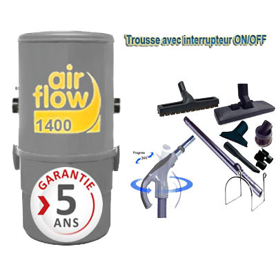 Aspirateur central AIRFLOW 1400 (jusqu’à 180 m²) Garantie 5 ans + trousse inter 9 ML + 8 accessoires + 1 Aspi-plumeau offert