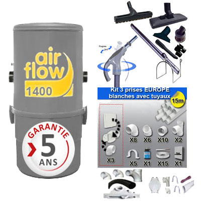 Aspirateur central AIRFLOW 1400 Garantie 5 ans (jusqu’à 180 m²) + trousse inter 9 ML + 8 accessoires + kit 3 prises + kit prise balai + kit prise garage
