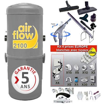 Pack aspirateur centralisé AIRFLOW 2100 - Kit flexible on/off 9m + 8 accessoires, kit 4 prises, kit ramasse-miettes, kit prise garage - Logement jusqu'à 400m2 - Garantie 5 ans