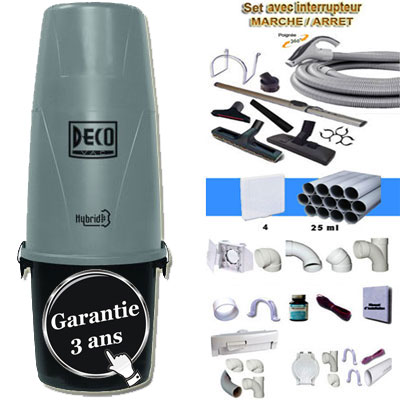 Aspiration centralisée DÉCOVAC DV700 GARANTIE 3 ANS (jusqu'à 200 m²) Filtration hybride (avec ou sans sac) + set inter 9 M + 8 accessoires + kit 4 prises + kit prise balai + kit prise garage