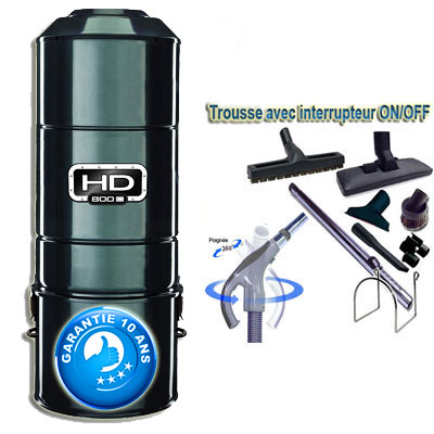 ASPIRATEUR CENTRAL HD800C SANS SAC SANS FILTRE - Garantie 10 ans - Kit flexible interrupteur 9m et 8 accessoires + aspi-plumeau offert - Surface jusqu'à 350m2