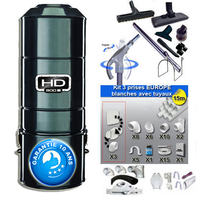 ASPIRATEUR CENTRAL HD800C SANS SAC SANS FILTRE - Kit flexible interrupteur de 9m et 8 accessoires + kit 3 prises + kit prise balai + kit prise garage - Garantie 10 ans - Surface jusqu'à 350 m2