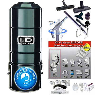 ASPIRATEUR CENTRAL HD801C SANS SAC SANS FILTRE - Garantie 10 ans - Kit flexible interrupteur 9m et 8 accessoires + kit 4 prises + kit prise balai + kit prise garage - Surface jusqu'à 600m2