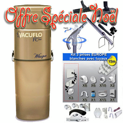ASPIRATEUR CENTRAL UNITÉ MOTRICE VACUFLO FC 570 (jusqu’à 350 M²) GARANTIE 2 ans + set inter 9 M + 8 accessoires + kit 3 prises + kit prise balai