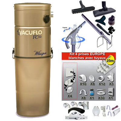 ASPIRATEUR CENTRAL UNITÉ MOTRICE VACUFLO FC 670 (jusqu’à 600 M²) GARANTIE 2 ans + set inter 9 M + 8 accessoires + kit 4 prises + kit prise balai