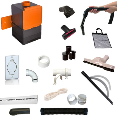 Aspiration centralisée BEFLEXX 24V garantie 2 ans pour camping-car, caravane, bateau + Set 5 accessoires + 1 flexible extensible 8 m +  kit 1 Prise murale porte ronde blanche pour centrale Beflexx