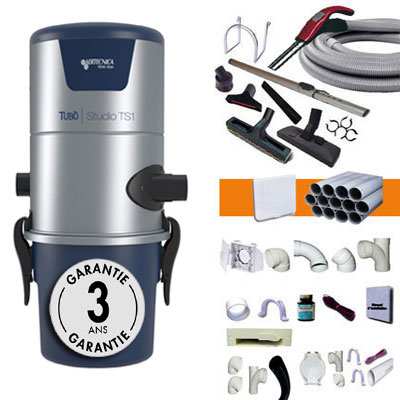 Aspiration centralisée AERTECNICA TS1 (jusqu’à 250 m²), Sans Sac - GARANTIE 3 ANS - 1 trousse flexible 9m à variateur + 8 access. + kit 3 prises + kit prise balai + kit prise garage